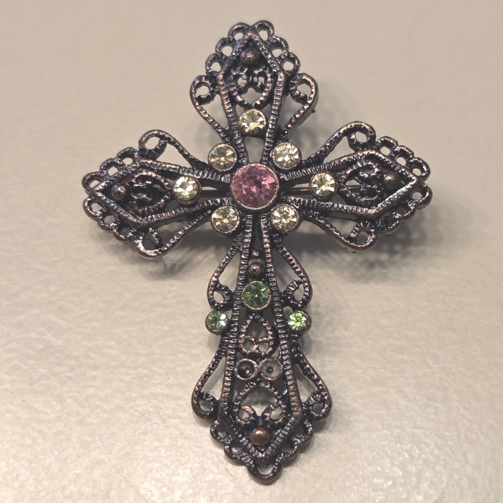 Vintage Ornate Filigree Cross Brooch Pin‎ Pink White Lime Rhinestone Embellished